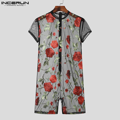 2024 Monos de hombre de malla transparente con bordado de flores, cuello redondo, manga corta, monos unisex de moda sexy, tallas S-5XL INCERUN