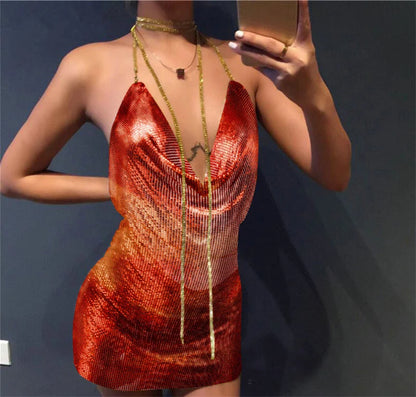 Y2K Soild Color Metal Sequin Female Sexy Backless Low Cut Slip Dresses Nightclub Party Rave Evening Dress for Women Mini Dress