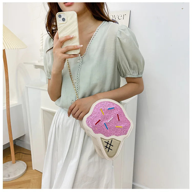 Ice CreamShape Shoulder Bag Style Cartoon Sequins Crossbody Bag Women Cute Chain Small Handbag