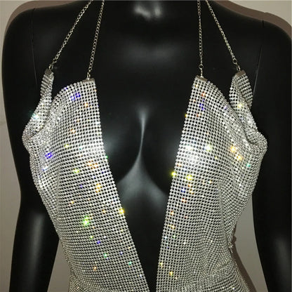 Venta al por mayor, barato, vestido de pecho bajo con diamantes de imitación de metal para mujer, sexy, sin espalda, tirantes finos, sólido, ceñido al cuerpo, para fiesta, club, vestidos 2023