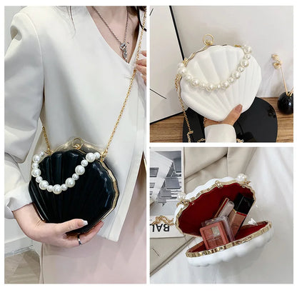 Fashion Shell Design Women Shoulder Bags Pearls Handle Lady Handbags Candy Color Pu Leather Crossbody Bag Small Female Purses