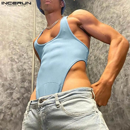 2023 Hommes Bodys Couleur Unie Streetwear O-cou Sans Manches Sexy Barboteuses Fitness Mode Hommes Bodys Débardeurs S-5XL INCERUN