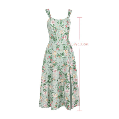 Suninheart Vestido de verano para mujer 2023 Vestido verde con cordones y estampado floral Vestido elegante con varillas Vestido informal para fiestas y vacaciones de alta calidad