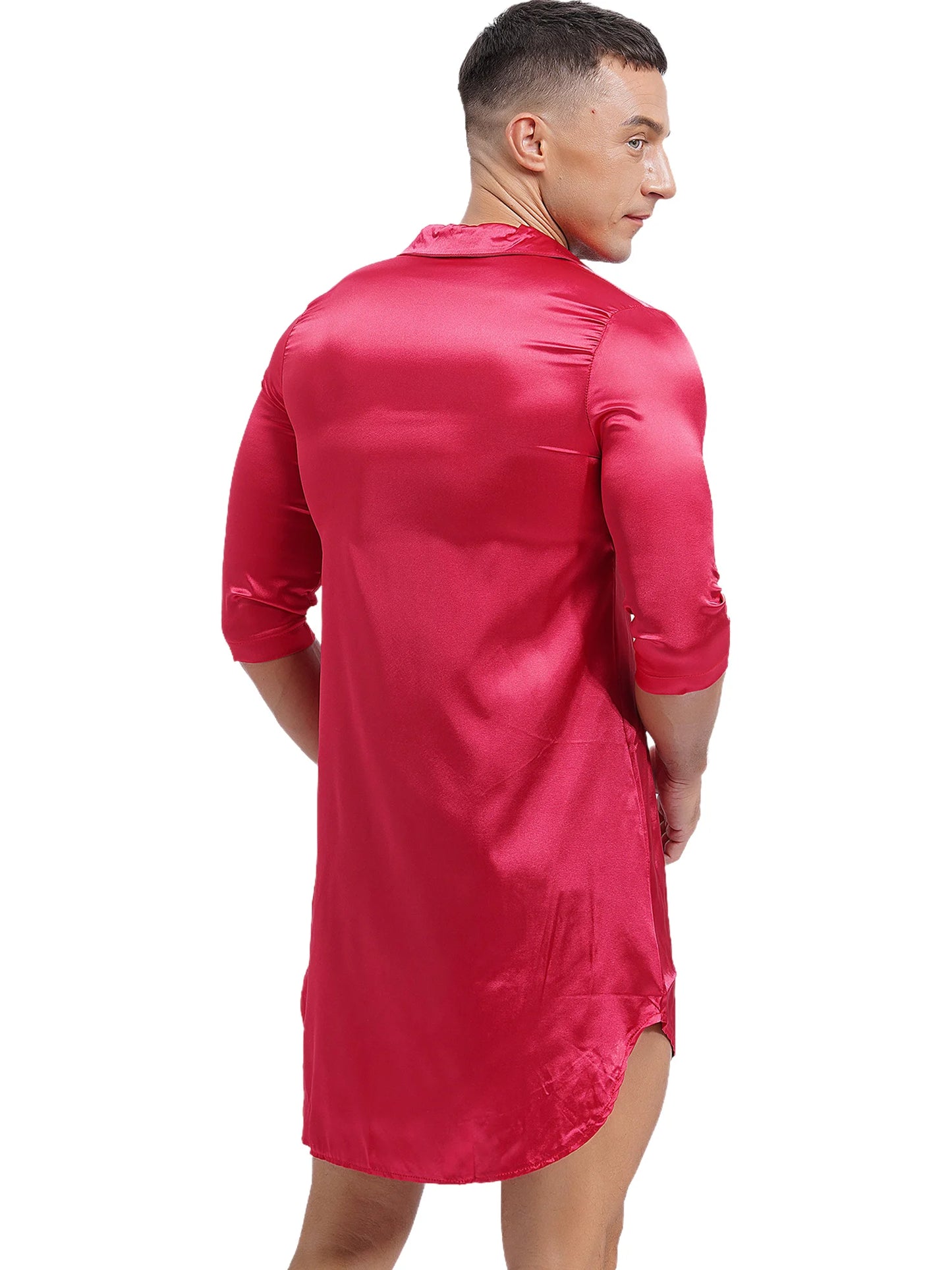 Chemise en satin de soie pour homme Sissy, couleur unie, longue robe portefeuille, peignoir, kimono, chemise de nuit, pyjama, vêtements de nuit, vêtements de détente