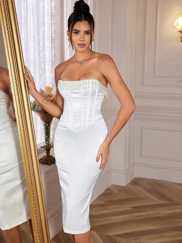 Suninheart 2024 White Beading Satin Dress Women Elegant Luxury Bodycon Party Dresses Sexy Long Tight Fitting Evening Dress