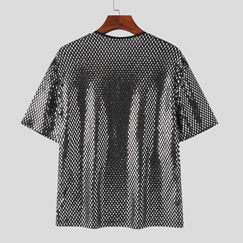 2024 Camiseta para hombre con lentejuelas brillantes, cuello redondo, manga corta, ropa holgada para hombre, ropa de calle, fiesta, moda informal, camisetas S-5XL INCERUN