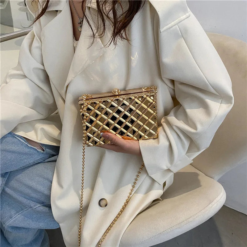 Designer Clutch Bag Gold Silver PVC Box Design Party Evening Chain Shoulder Crossbody Bags Mini Purses and Handbags