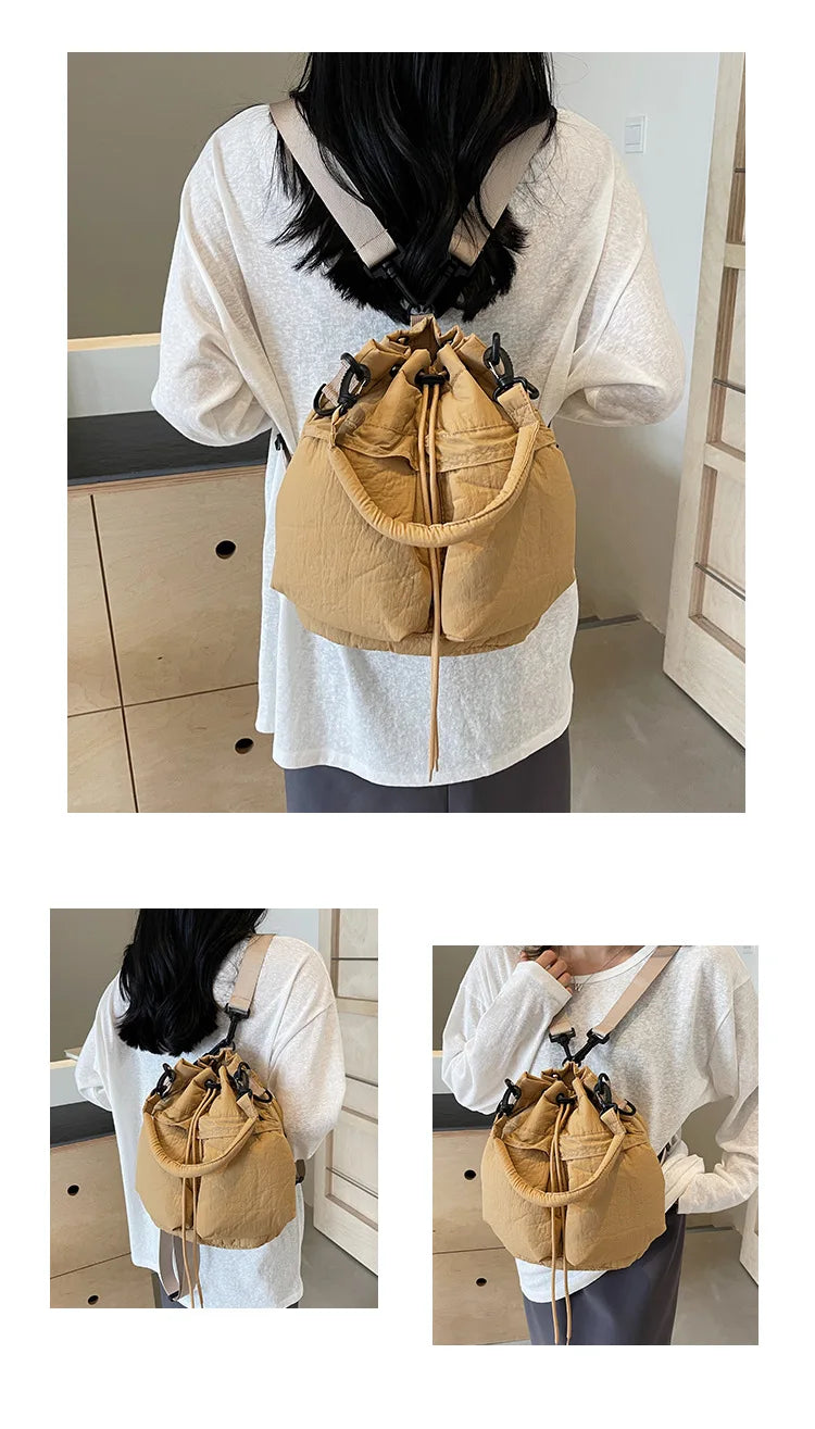 Sac seau décontracté en duvet souple avec cordon de serrage pour femme, sacs à bandoulière rembourrés en nylon léger, sacs à main simples de petite taille, sacs fourre-tout