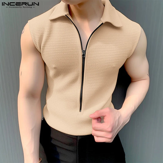 Camisetas de moda bien ajustadas INCERUN con diseño de cremallera para hombre, camisetas casuales de calle para hombre, camiseta sin mangas con solapa sólida S-5XL 2024