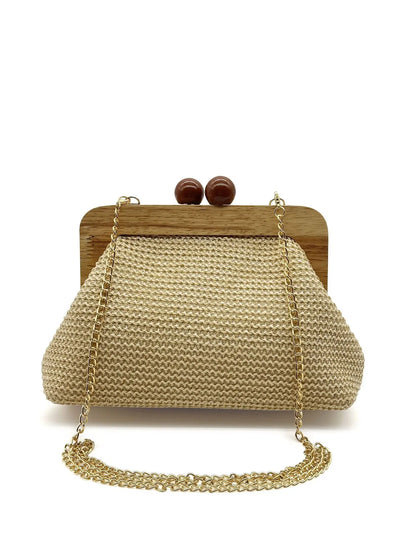 Fashion Wooden Clip Shell Clutch Bags for Women Straw Chains Shoulder Crossbody Bags Casual Summer Beach Bag Elegant Party Purse