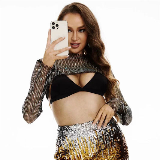 Sexy Crop Top Women Fashion Rhinestone Sheer Mesh Cover Up 2024 Summer Beach Long Sleeved Carnival Clubwear Tank Tops Loungewear