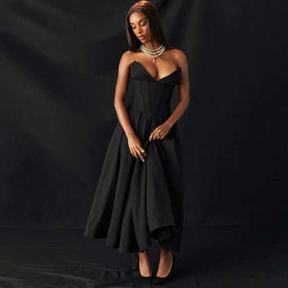 Suninheart - Vestido elegante negro para bodas y eventos, vestido sexy sin tirantes con corsé, vestidos de fiesta de Navidad a media pierna para mujer, ropa 2023