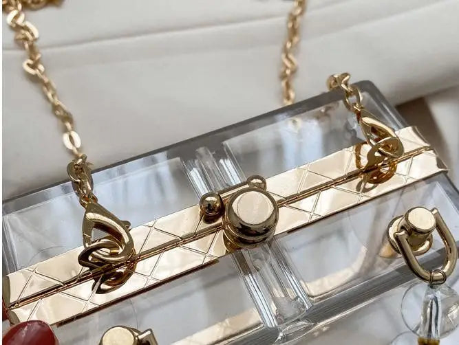 Summer Transparent Box Bag Female Small Pearl Handle Clear Shoulder Bag Chain Acrylic Dinner Bag