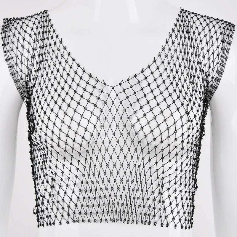 Sexy Women Tops Crystal Diamonds Mesh Rhinestone Tank Top Summer New Beachwear See Through Fishnet Party Crop Top