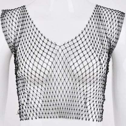 Sexy Women Tops Crystal Diamonds Mesh Rhinestone Tank Top Summer New Beachwear See Through Fishnet Party Crop Top