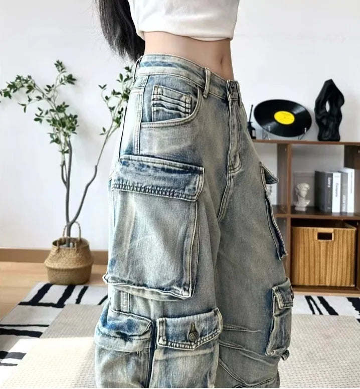 DEAT Fashion Women's Jeans High Waist Multiple Pockets Water Wash Gradient Streetwear Denim Cargo Pants Spring 2024 New 7AB3332