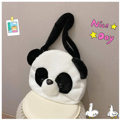 Bolsos de hombro de peluche para adolescentes, diseño kawaii, con forma de cabeza de panda, elegantes y suaves, para compras, portátiles