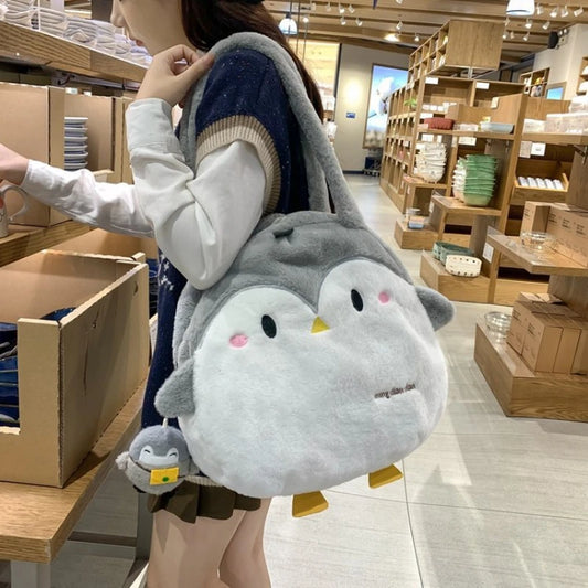 2024 Nouveau sac pingouin en peluche douce pour femmes, sac à bandoulière en fausse fourrure chaude pour femmes, sacs à main de grande capacité, sac fourre-tout d'école, cartables