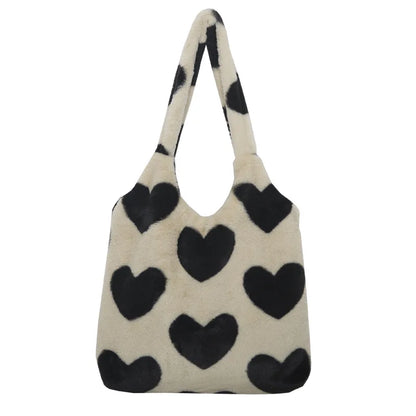 2022 Winter Warm Plush Bag Love Heart Print Student School Book Bag Shoulder Bag For Women Large-capacity Tote Bag Handbags Sac