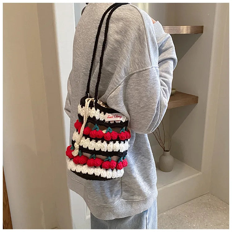 Handmade Woven Cherry Woolen Bag Fresh Fruit Woven Bag Crochet Knitted Bag Leisure String Shoulder Crossbody Bag 2024 New