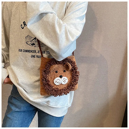 Cute Little Lion Bag For Girls Women's Funny Mobile Phone Coin Purse Winter Knitting Shoulder Crossbody Bag