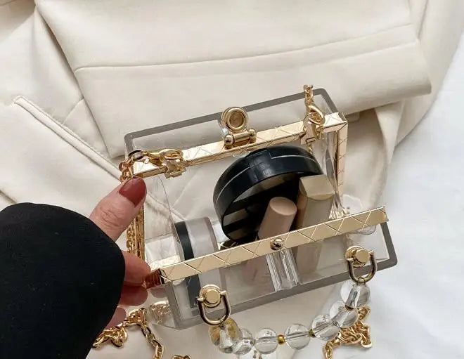 Summer Transparent Box Bag Female Small Pearl Handle Clear Shoulder Bag Chain Acrylic Dinner Bag