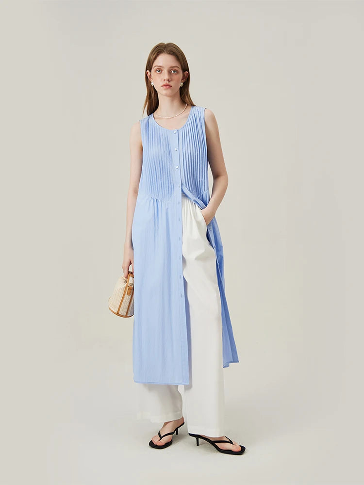 FSLE Dressed Women's Lazy Style Sleeveless Summer Dress Mid length Beach A-line Blue Women High Waist Dress 24FS12347