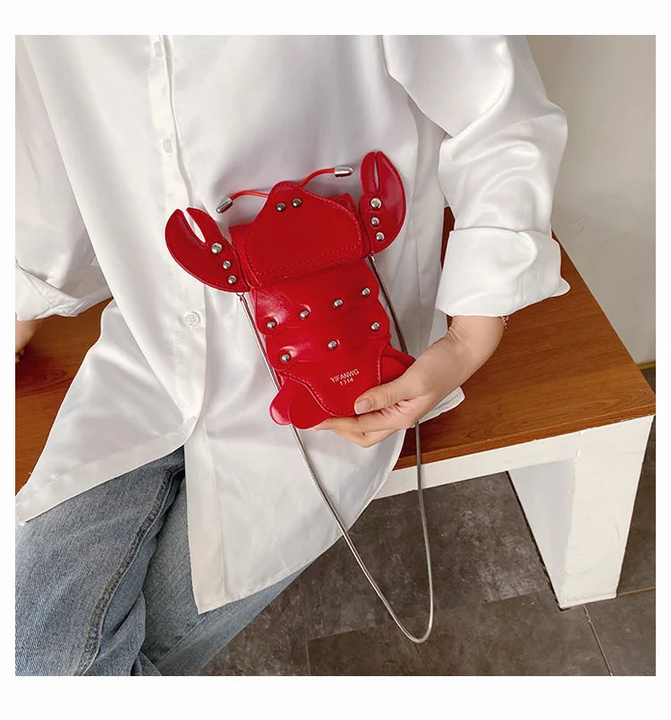 Funny Crayfish Shape Pu Shoulder Bag For Women Summer Red Phone Bag Girls' Chain Small Crossbody Bag