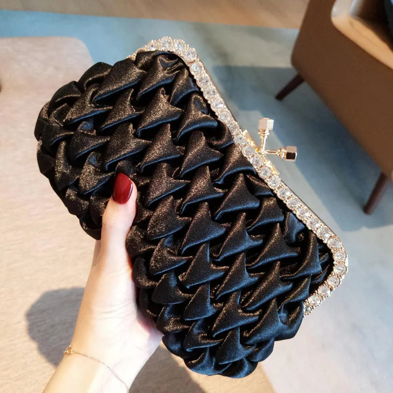 Women Evening Bag Classical Black Clutch Bag Rhinestone Satin Banquet Bag Bride Clutch Bag