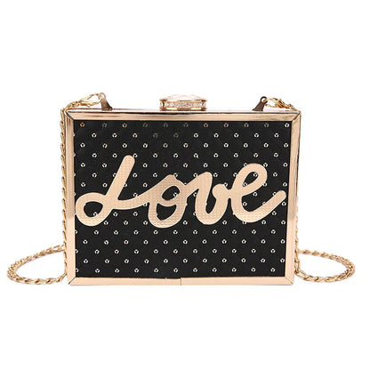 Fashion Handbag Sequine Love Letter Decoration Box Shape Shoulder Bag Female Square Metal Frame Evening Diamond Lock Chain Bags