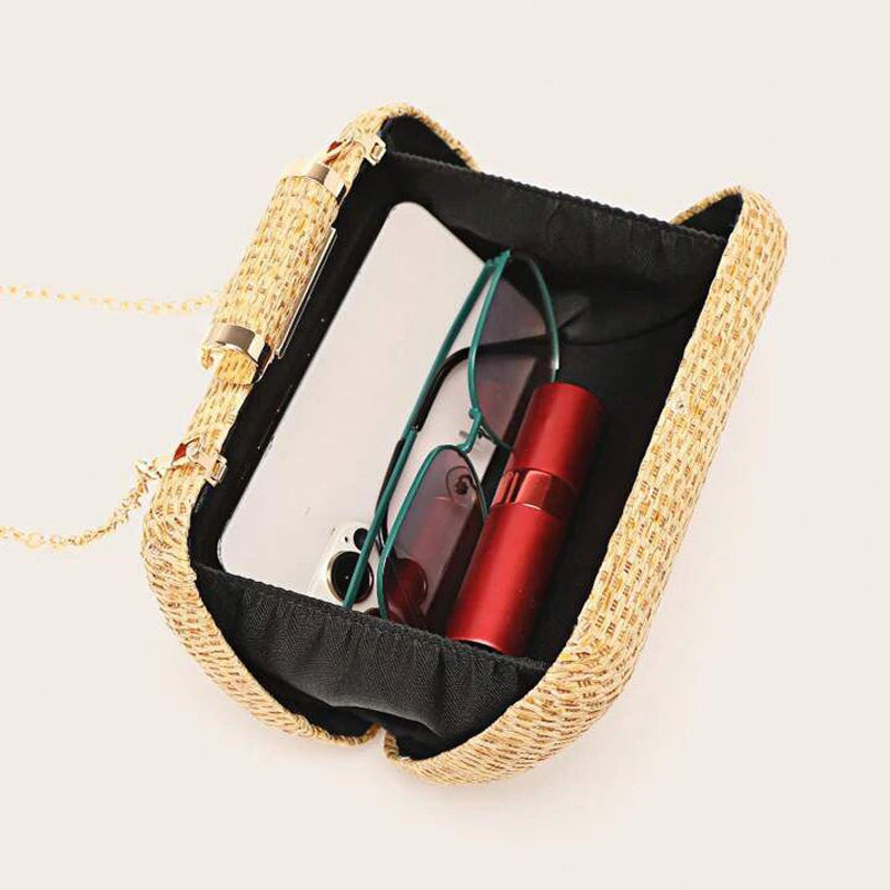 Fashion Mini Minimalist Braided Design Straw Bag Summer Party Purses Vintage Beach Bags Box Chains Shoulder Crossbody Bag 2024