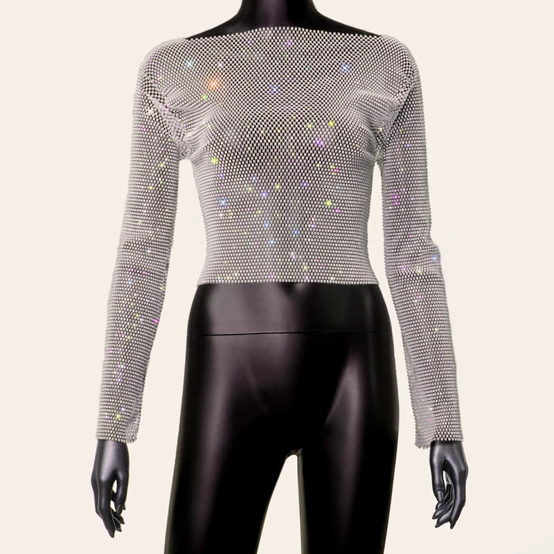 Camiseta de mujer con cristales brillantes y malla transparente con diamantes de imitación, top corto sexy transparente de manga larga ajustado para mujer, ropa de club