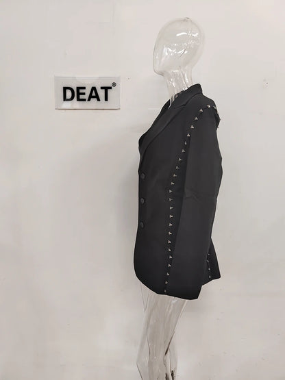 DEAT Fashion Blazer pour femme avec boucle en métal crantée et décoration à la taille, rétraction ample à simple boutonnage, nouvelle tendance automne 2024 7AB1058