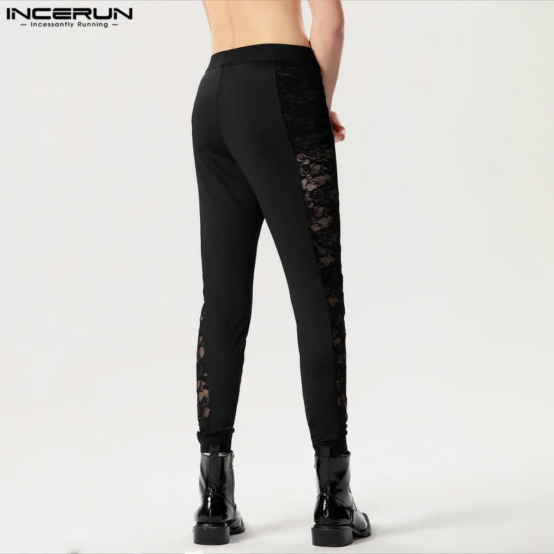 2024 Hommes Pantalons Dentelle Patchwork Sexy Taille Élastique Fitness Hommes Leggings Streetwear Transparent Mode Pantalons S-5XL INCERUN