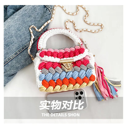 Fashion Colorful Crochet Women Handbags Trend Handmade Woven Chains Shoulder Crossbody Bag Small Flap Female Purses 2024