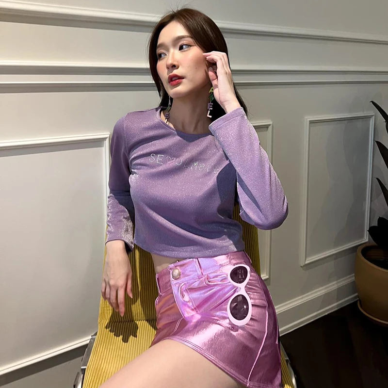 Y2k Pink Metallic Fashion Hot Girls Short Skirt Dummy pocket Slim Fit Bright High Waist Korean Fashion Halfskirt Women Clothing