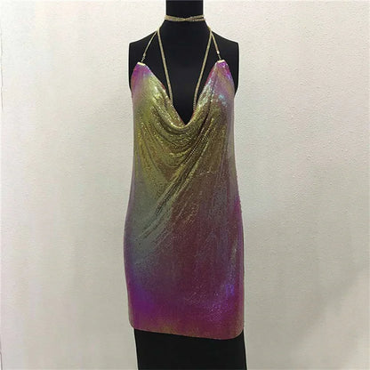 Vestidos de fiesta de metal con cuello halter de diamantes 2024, vestido de verano sexy dorado y plateado, vestidos sin espalda con lentejuelas para mujer, envío directo