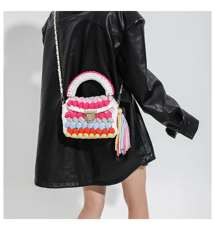 Fashion Colorful Crochet Women Handbags Trend Handmade Woven Chains Shoulder Crossbody Bag Small Flap Female Purses 2024