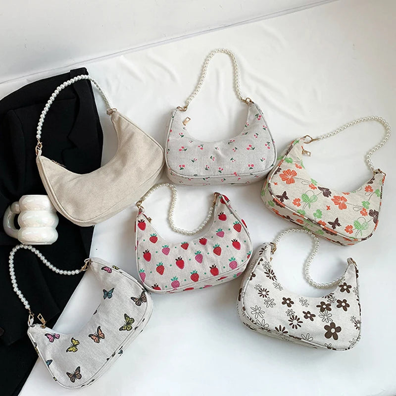 Bolso de mano con estampado de fresas a la moda para mujer, con cadenas gruesas, para el hombro, con cadena de perlas, estampado pequeño, para teléfono