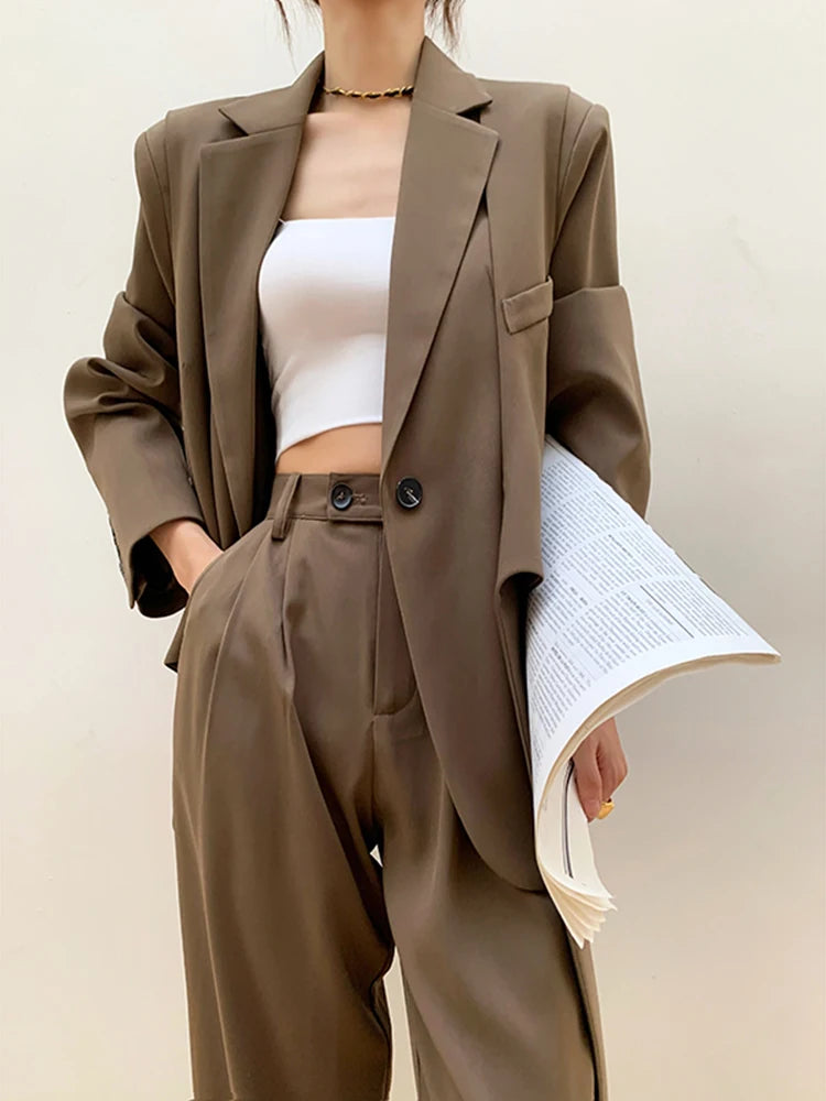 DEAT Fashion Women's New Solid Notched Loose Single Button Blazer High Waist Straight Long Pants Female Tide Summer 2024 17A2339