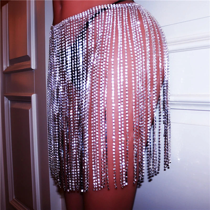 Glitter Rhinestone Long Tassel Mini Skirts Gold Silver Crystal Diamonds Loose Adjustable Sexy Women Summer Beach Short Skirt