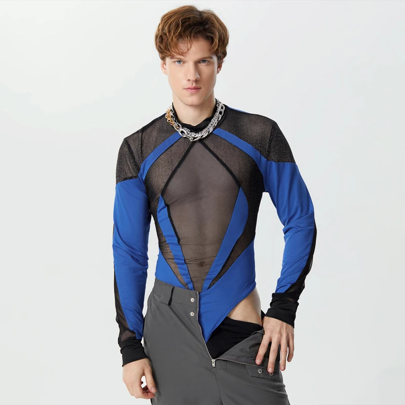 2024 Hommes Body Maille Patchwork Col Roulé À Manches Longues Mode Hommes Barboteuses Streetwear Brillant Sexy Transparent Bodys INCERUN