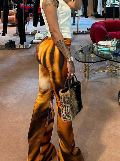 Pantalones acampanados con estampado de tigre y gato extraño para mujer, tendencia de verano Y2K 2023, pantalones casuales ajustados y elásticos, pantalones básicos de cintura alta