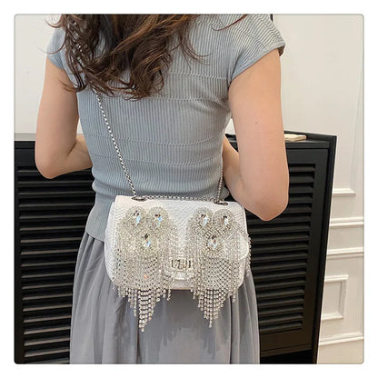 Evening Small Square Bags for Women 2023 Fashion Diamond Tassel Handbag Leather Chain Luxury Party Sparkle Shoulder Bag Woman