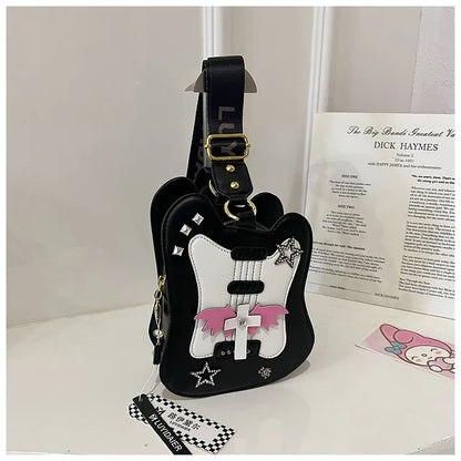 Bolso de hombro para mujer, divertido bolso con forma de violín, moderno bolso cruzado con correa ancha y remaches, bolso de mano de cuero sintético