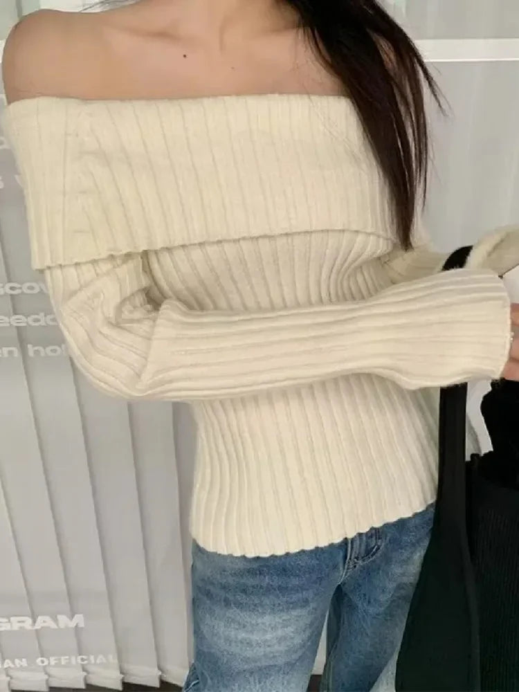 Suninheart Autumn Winter Rib Knitted Off The Shoulder Pullover Sweater Sexy Women Full Sleeve Sweater Pullovers Elegant Jumpers