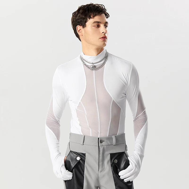 2023 Monos para hombre, de malla, con retazos, cuello alto, guantes de manga larga, peleles, camiseta para hombre, mono sexy transparente para la calle INCERUN