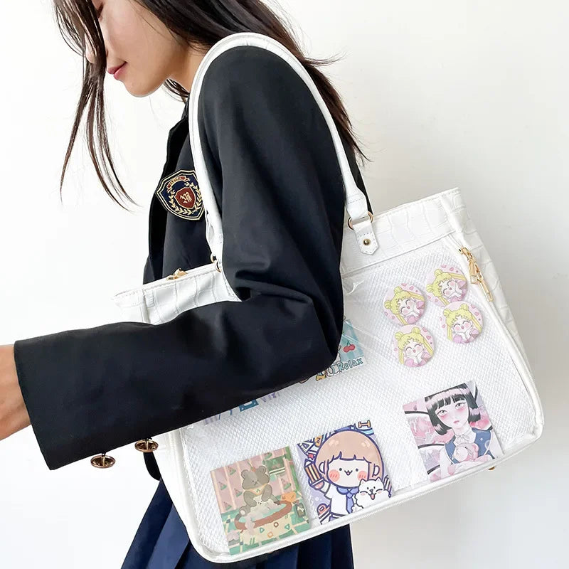 Japanese High School Girls Itabag Crocodile Pattern Handbag New PU Leather Shoulder Bag Transparent Ita Bag Luxury Tote Bags JK