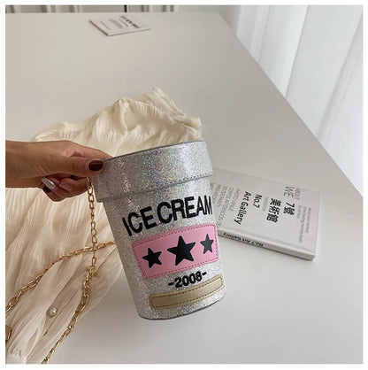 Funny cute cup shape shoulder bag icea cream letter printing bucket bag ladies crossbody messenger bag female purse handbag