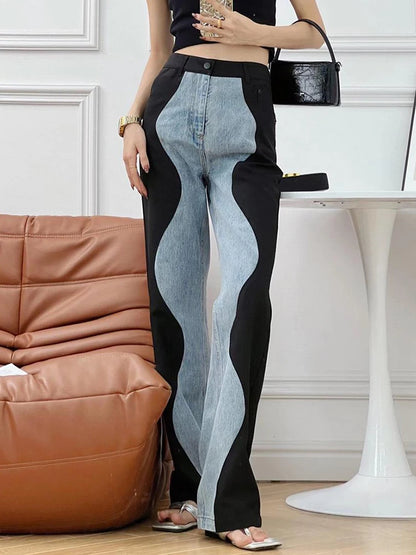 DEAT Fashion Women's Jeasn New High Waist Black Blue Wave Spliced Straight Tube Wide Leg Denim Pants Tide Autumn 2024 17A2517